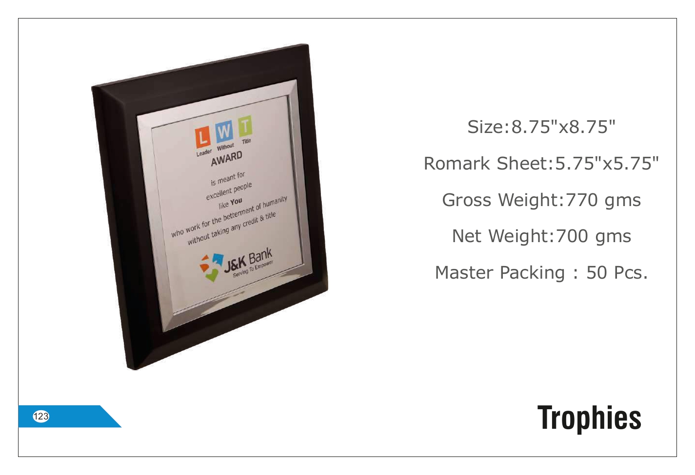 Square Recognition Trophy with Romark Sheet